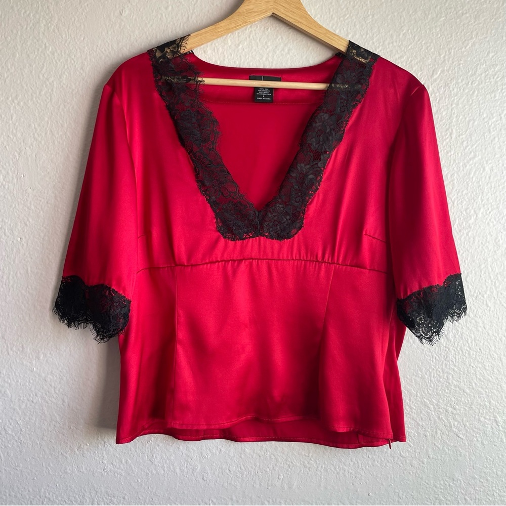 Y2K Red Silk Satin Lace-Trim V-Neck Blouse